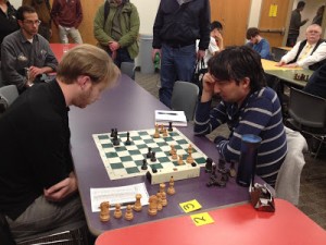 GM Bryan Smith (left) and FM Ben Dean-Kawamura playing in the Final round of the 2016 Marchand.